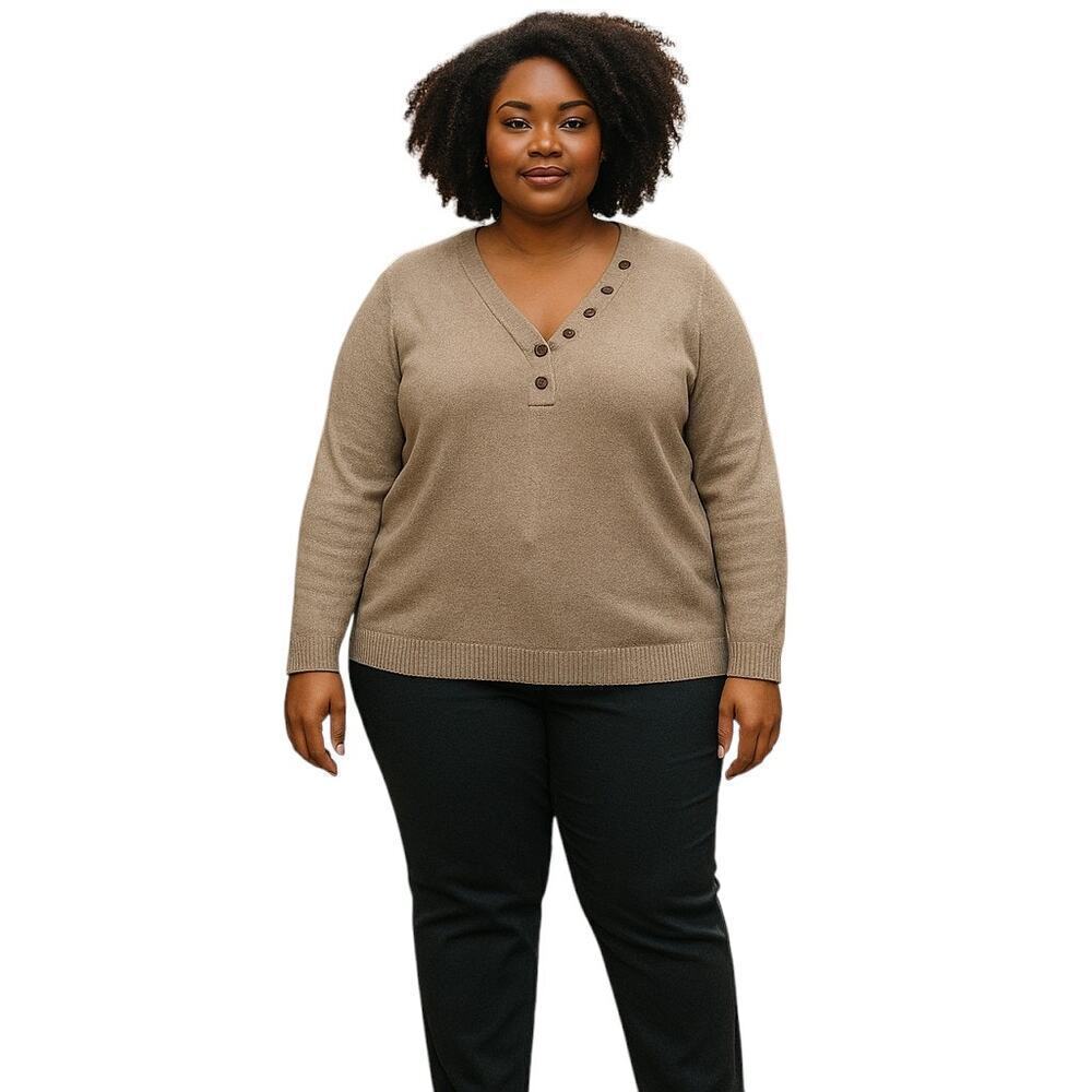 Anthropologie A+ Taupe Asymmetrical Button V-Neck Sweater Women’s 3X Soft Knit